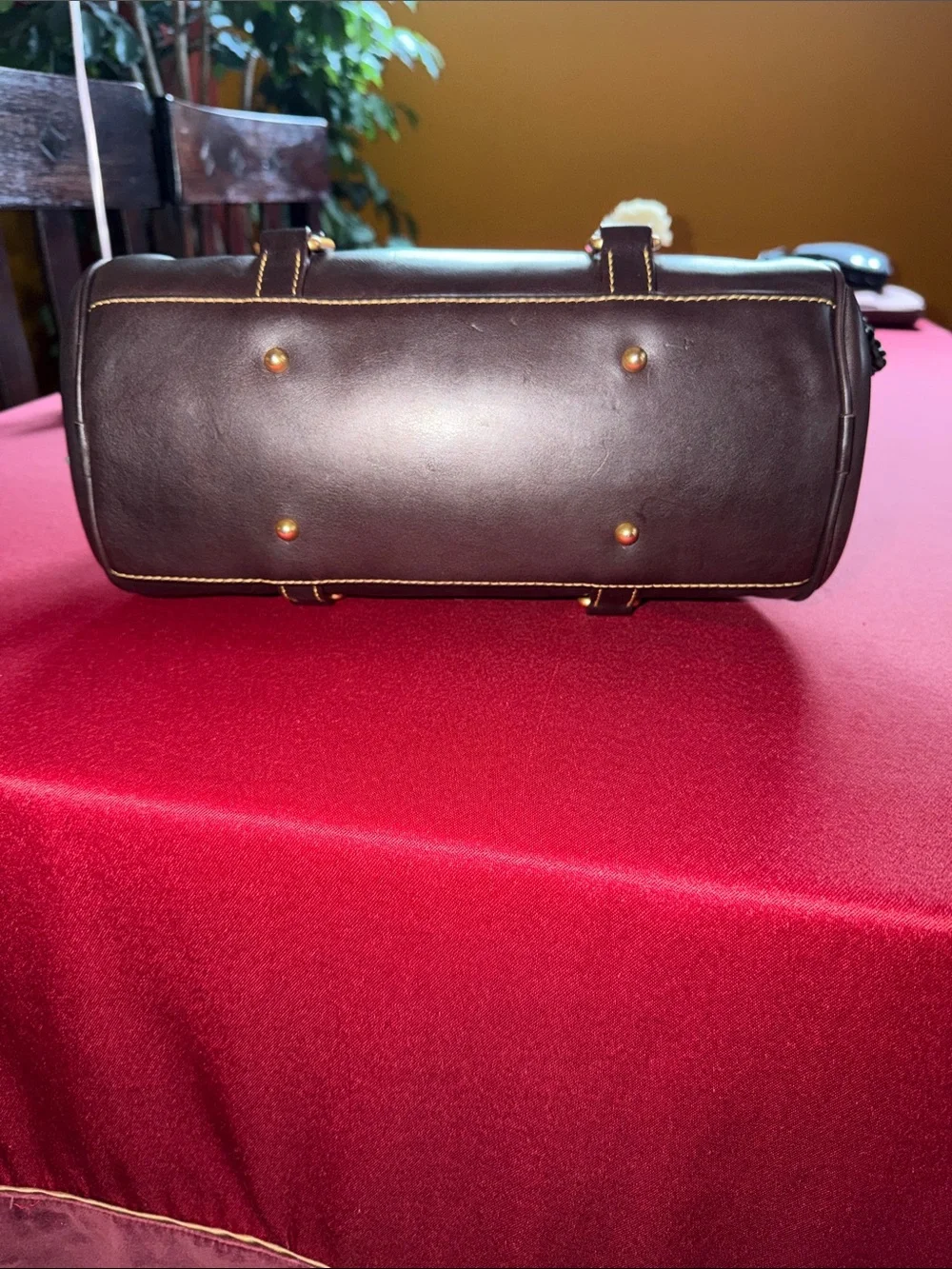 Dooney & Bourke Brown Tomro REGULAR Satchel with Gold Hardware and Red Trim